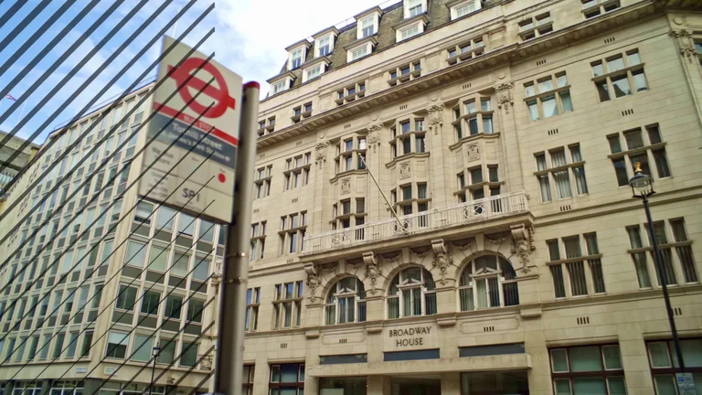 The exterior of Broadway House, visible from a London Underground station.